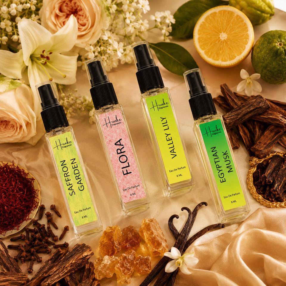 HUNKE EDP Inspired Perfume Set for Men & Women | Set of 4 Premium Long Lasting Fragrances | 8 ml Each | Travel Size Mini Perfume Gift Set | Eau de Parfum Collection - Divine Lotus, Kesar Chandan, Valley Of Lily, Flora