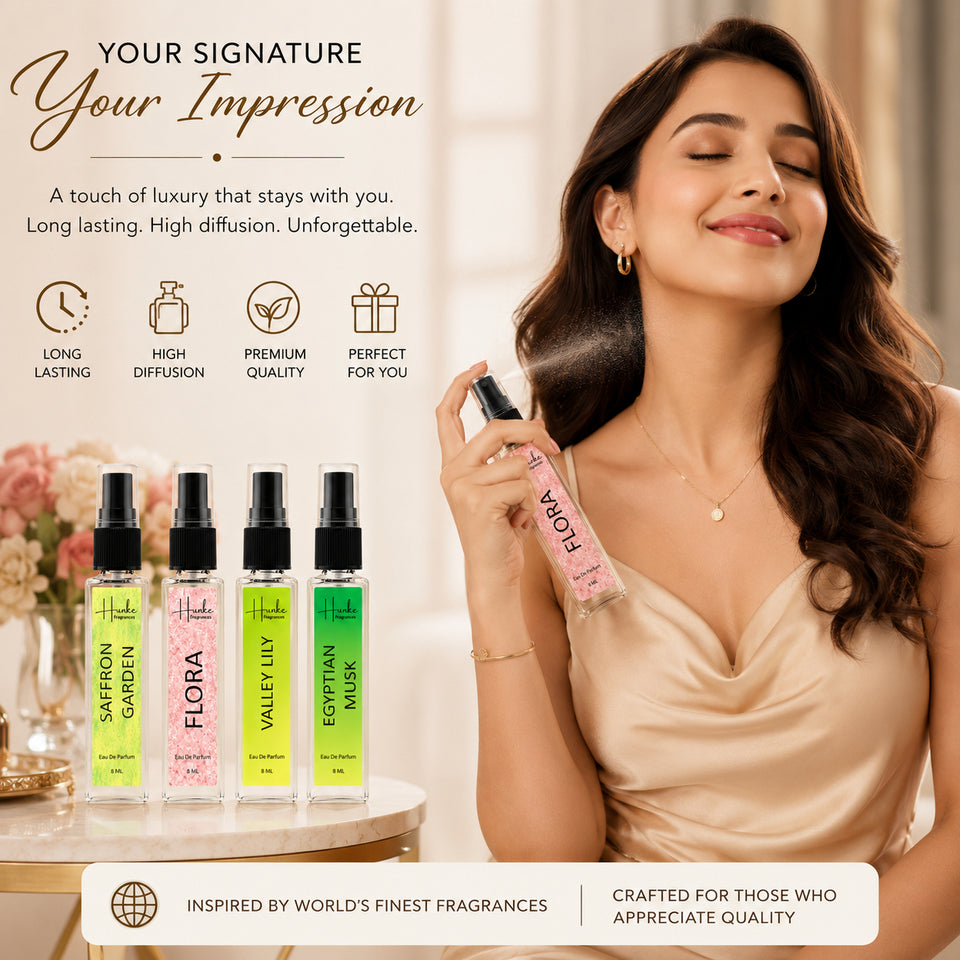 HUNKE EDP Inspired Perfume Set for Men & Women | Set of 4 Premium Long Lasting Fragrances | 8 ml Each | Travel Size Mini Perfume Gift Set | Eau de Parfum Collection - Divine Lotus, Kesar Chandan, Valley Of Lily, Flora