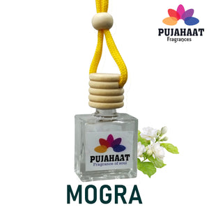 Car Perfume Hanging Pod 10ml Mogra Premium Fragrance by Pujahaat | High Diffusion with Premium Fragrance Oils in Glass Bottle with Wooden Diffuser Lid | Long Lasting | Lasts Up to 45 Days - Mogra