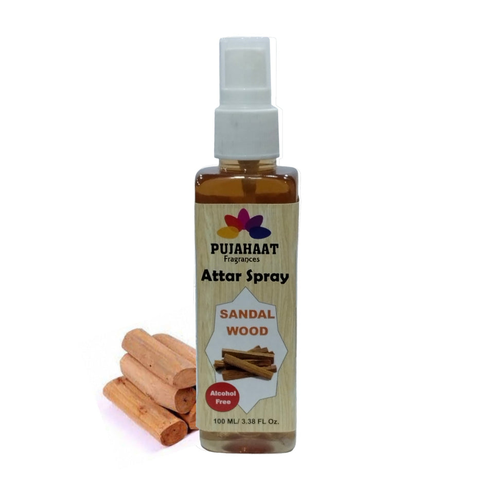 Sandalwood Attar Spray by Pujahaat | 100ml Non Alcoholic Spray | Religious Mist | Air Freshener, Room Mist, Fabric & Linen Spray | Perfect for Prayers Rooms, Living Room, sofas, curtains, car