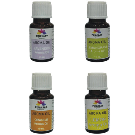 Pujahaat Lavender, Lemongrass, Orange, Lemon Aroma Oil for Aromatherapy oils, Oil for diffusers, Humidifier oils, Oil Burners, Spa and Air Purifier 10ml Each - Set of 4 (4 x 10 ml) AO7