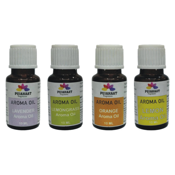 Pujahaat Lavender, Lemongrass, Orange, Lemon Aroma Oil for Aromatherapy oils, Oil for diffusers, Humidifier oils, Oil Burners, Spa and Air Purifier 10ml Each - Set of 4 (4 x 10 ml) AO7