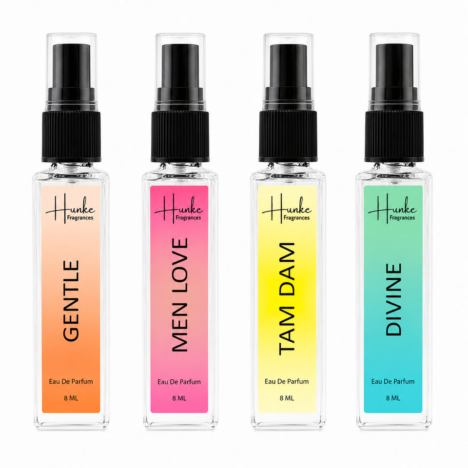 HUNKE EDP Inspired Perfume Set for Men & Women | Set of 4 Premium Long Lasting Fragrances | 8 ml Each | Travel Size Mini Perfume Gift Set | Eau de Parfum Collection - Gentle, Men Love, Tam Dam, Divine