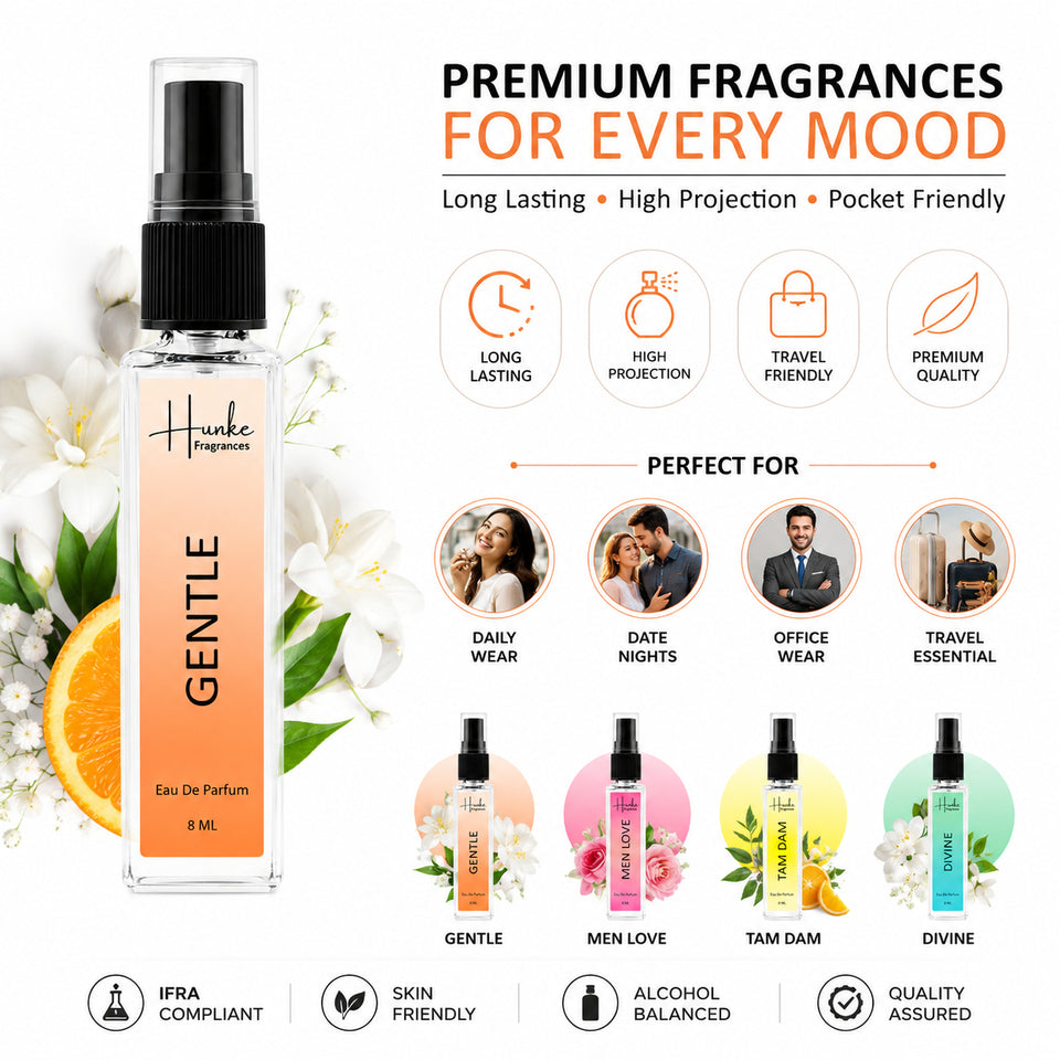 HUNKE EDP Inspired Perfume Set for Men & Women | Set of 4 Premium Long Lasting Fragrances | 8 ml Each | Travel Size Mini Perfume Gift Set | Eau de Parfum Collection - Gentle, Men Love, Tam Dam, Divine
