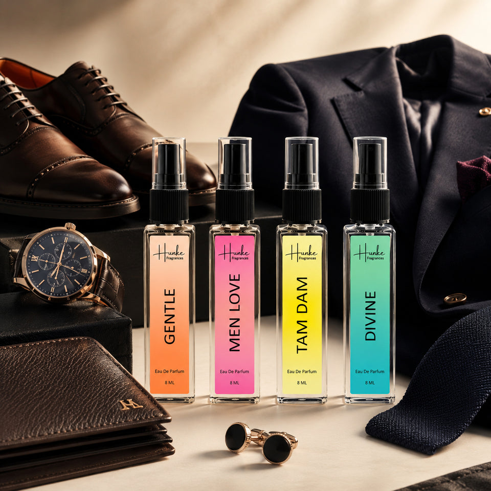 HUNKE EDP Inspired Perfume Set for Men & Women | Set of 4 Premium Long Lasting Fragrances | 8 ml Each | Travel Size Mini Perfume Gift Set | Eau de Parfum Collection - Gentle, Men Love, Tam Dam, Divine