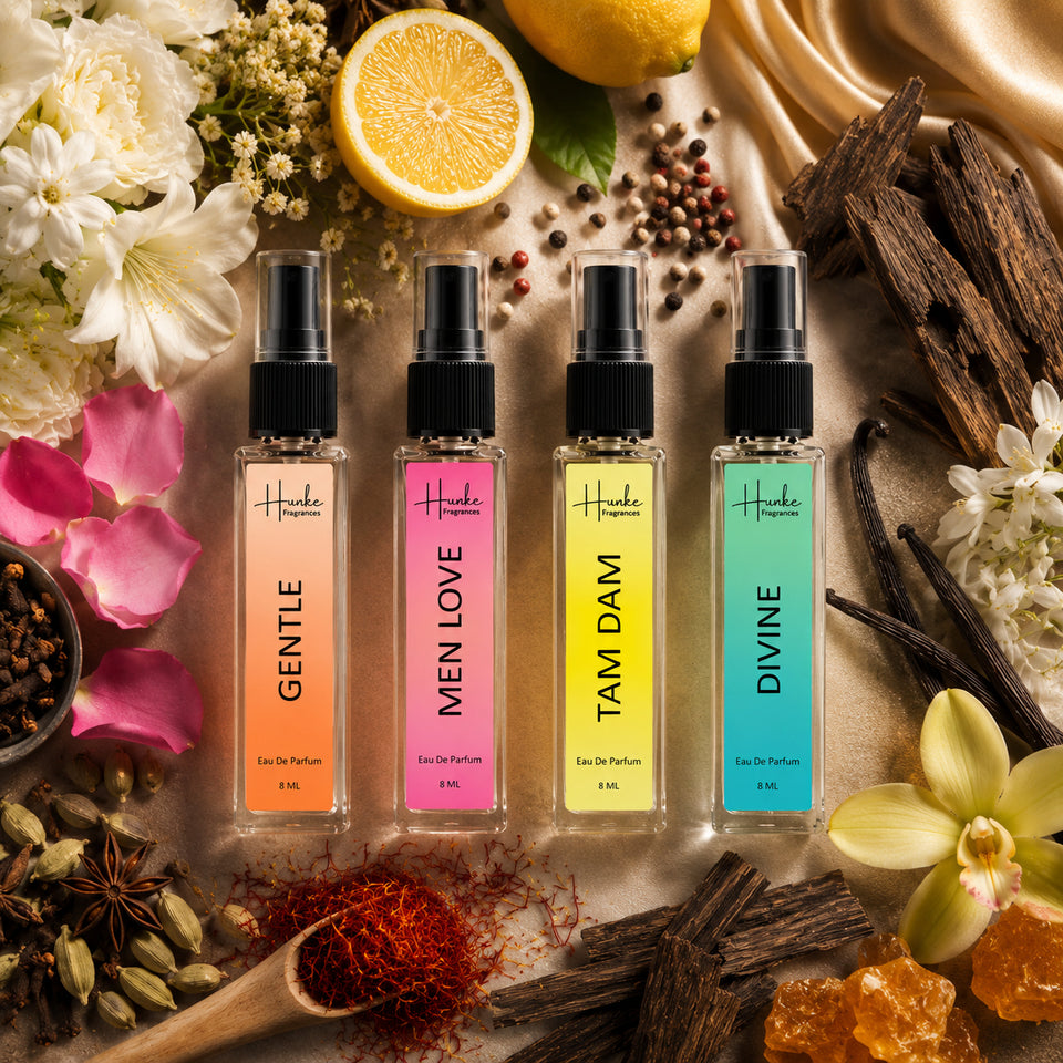 HUNKE EDP Inspired Perfume Set for Men & Women | Set of 4 Premium Long Lasting Fragrances | 8 ml Each | Travel Size Mini Perfume Gift Set | Eau de Parfum Collection - Gentle, Men Love, Tam Dam, Divine