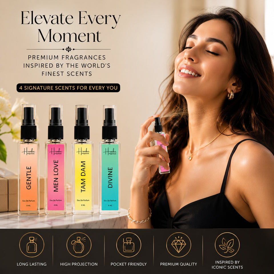 HUNKE EDP Inspired Perfume Set for Men & Women | Set of 4 Premium Long Lasting Fragrances | 8 ml Each | Travel Size Mini Perfume Gift Set | Eau de Parfum Collection - Gentle, Men Love, Tam Dam, Divine