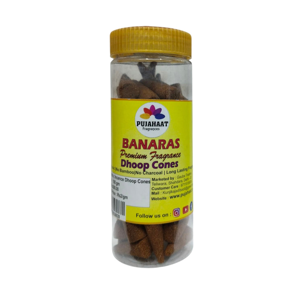 Pujahaat Premium Scented Incense Dhoop Cone | No Charcoal No Bamboo | for Pooja, Rituals & Special Occasions, Aromatherapy Banaras Fragrance