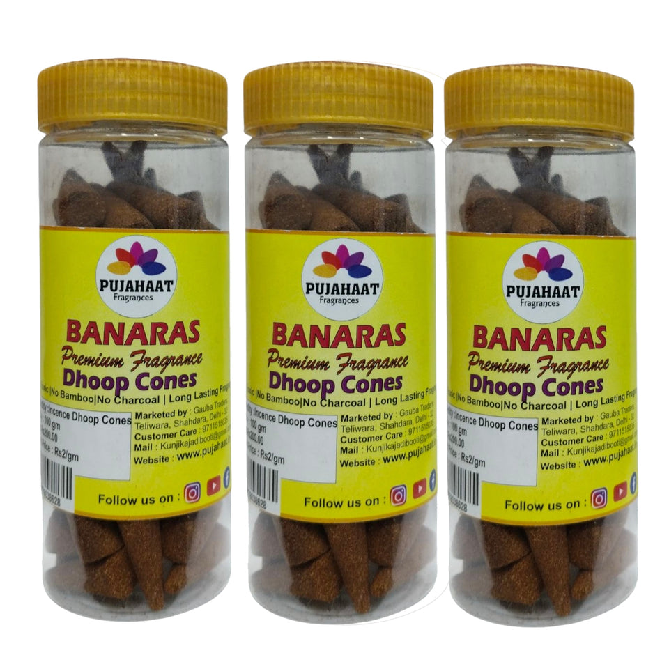 Pujahaat Premium Scented Incense Dhoop Cone | No Charcoal No Bamboo | for Pooja, Rituals & Special Occasions, Aromatherapy Banaras Fragrance