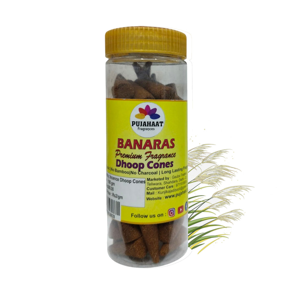 Pujahaat Premium Scented Incense Dhoop Cone | No Charcoal No Bamboo | for Pooja, Rituals & Special Occasions, Aromatherapy Banaras Fragrance