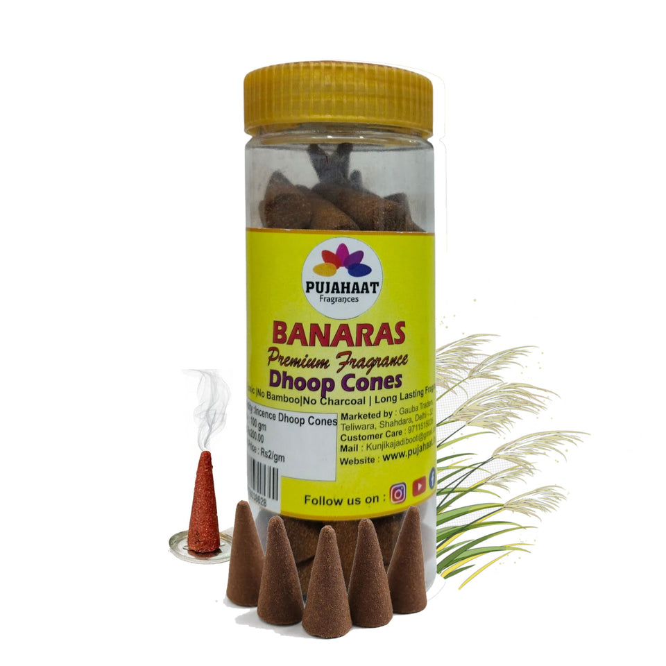 Pujahaat Premium Scented Incense Dhoop Cone | No Charcoal No Bamboo | for Pooja, Rituals & Special Occasions, Aromatherapy Banaras Fragrance