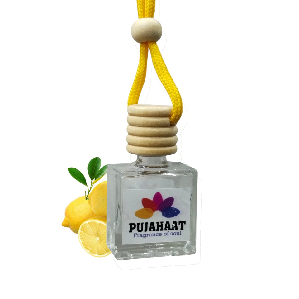 Car Perfume Hanging Pod 10ml Lemon Premium Fragrance by Pujahaat | High Diffusion with Premium Fragrance Oils in Glass Bottle with Wooden Diffuser Lid | Long Lasting | Lasts Up to 45 Days - Lemon