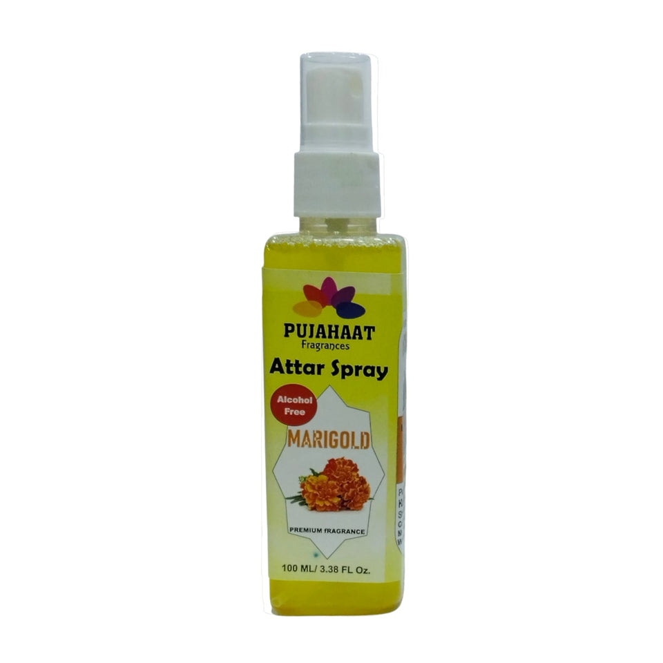 Marigold Flower (Genda) Attar Spray by Pujahaat | 100ml Non Alcoholic Spray | Religious Mist | Air Freshener, Room Mist, Fabric & Linen Spray | Perfect for Prayers Rooms, Living Room, sofas, curtains, car