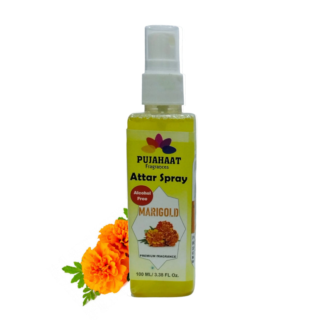 Marigold Flower (Genda) Attar Spray by Pujahaat | 100ml Non Alcoholic Spray | Religious Mist | Air Freshener, Room Mist, Fabric & Linen Spray | Perfect for Prayers Rooms, Living Room, sofas, curtains, car