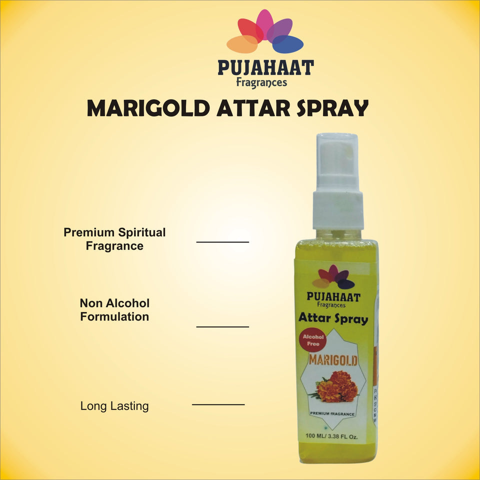 Marigold Flower (Genda) Attar Spray by Pujahaat | 100ml Non Alcoholic Spray | Religious Mist | Air Freshener, Room Mist, Fabric & Linen Spray | Perfect for Prayers Rooms, Living Room, sofas, curtains, car