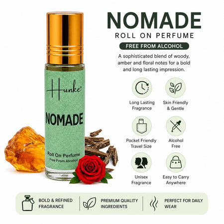HUNKE Premium Perfume Roll on High Concentration | Attar Ittar Roll on| No Alcohol | Long Lasting Travel Size 8 ML Roll-On, High Projection Fragrance - Nomade