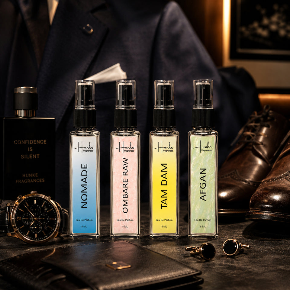 HUNKE EDP Inspired Perfume Set for Men & Women | Set of 4 Premium Long Lasting Fragrances | 8 ml Each | Travel Size Mini Perfume Gift Set | Eau de Parfum Collection - Afgan, Nomade, Ombre Raw, Tam Dam