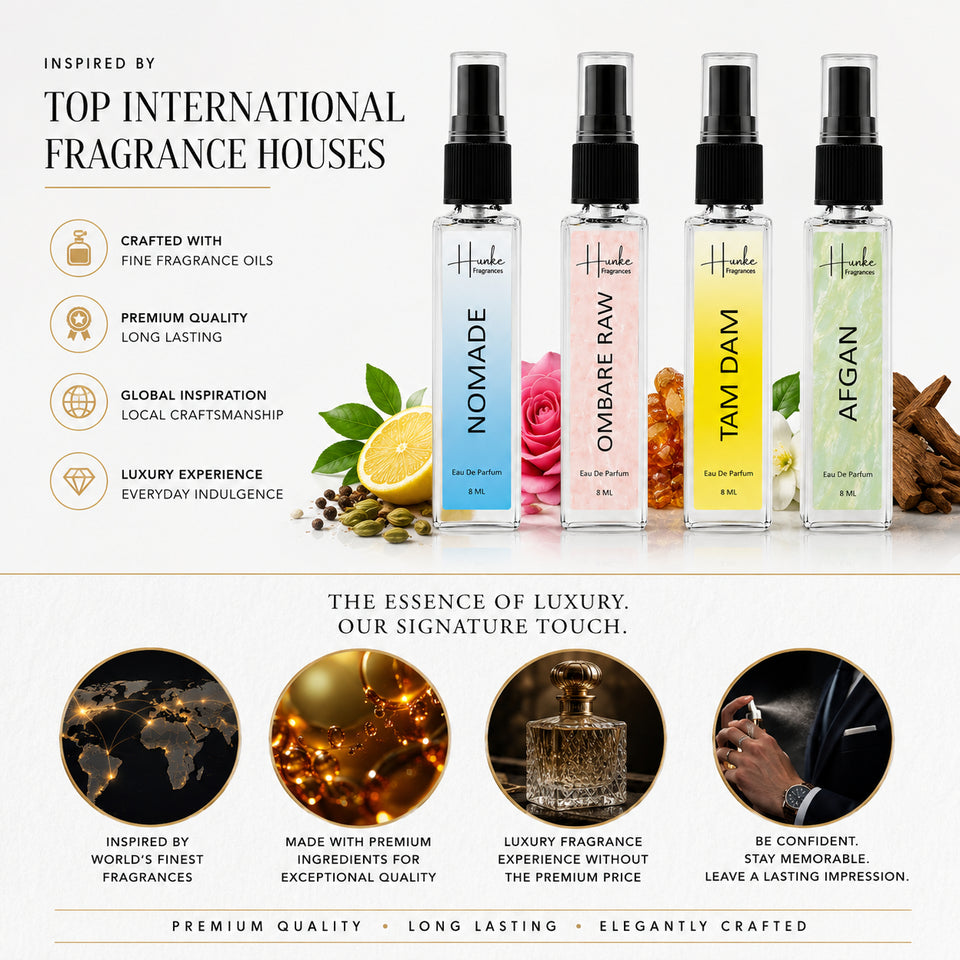 HUNKE EDP Inspired Perfume Set for Men & Women | Set of 4 Premium Long Lasting Fragrances | 8 ml Each | Travel Size Mini Perfume Gift Set | Eau de Parfum Collection - Afgan, Nomade, Ombre Raw, Tam Dam