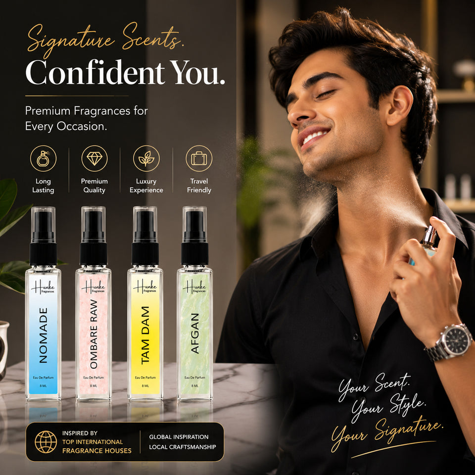 HUNKE EDP Inspired Perfume Set for Men & Women | Set of 4 Premium Long Lasting Fragrances | 8 ml Each | Travel Size Mini Perfume Gift Set | Eau de Parfum Collection - Afgan, Nomade, Ombre Raw, Tam Dam