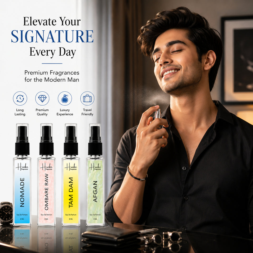 HUNKE EDP Inspired Perfume Set for Men & Women | Set of 4 Premium Long Lasting Fragrances | 8 ml Each | Travel Size Mini Perfume Gift Set | Eau de Parfum Collection - Afgan, Nomade, Ombre Raw, Tam Dam