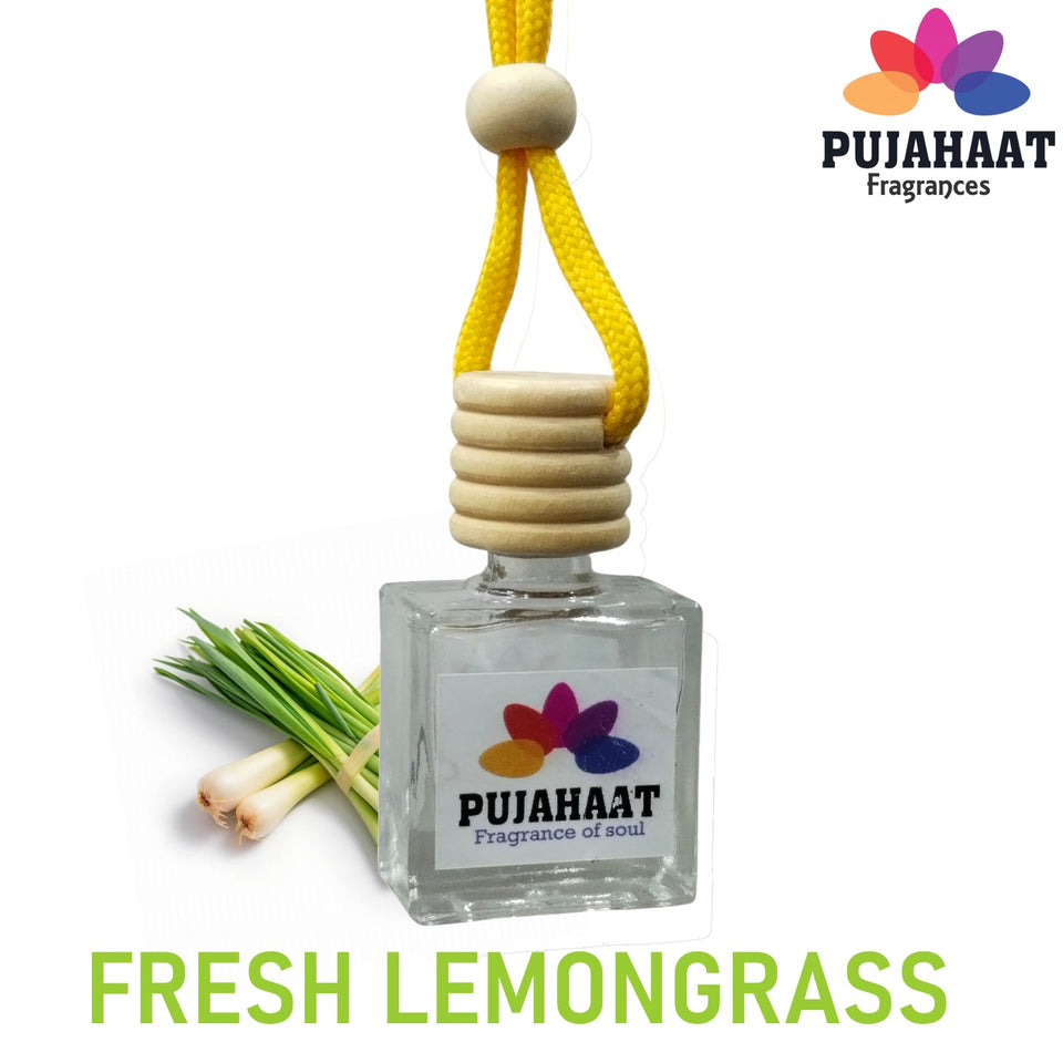 Car Perfume Hanging Pod 10ml Lemongrass Premium Fragrance by Pujahaat | High Diffusion with Premium Fragrance Oils in Glass Bottle with Wooden Diffuser Lid | Long Lasting | Lasts Up to 45 Days - Lemongrass