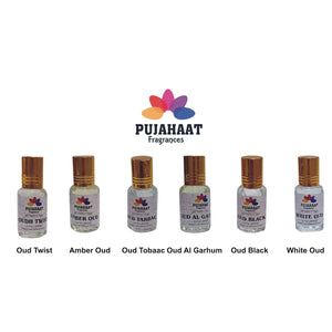 Pujahaat Premium Alcohol-Free Attar Gift Pack Of 6 Oudh Attar Combo Ittar Perfume Oud Twist, Black Oud, Amber Oud, Oud Tobbaco, White Oud, Oud al Grham (In Roll on Bottle) 18 ml (6 x 3ml) Combo-8