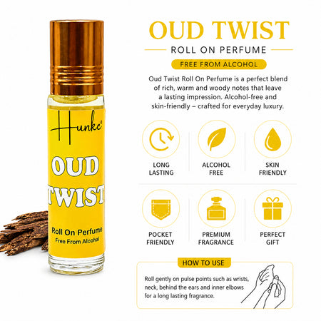 HUNKE Premium Perfume Roll on High Concentration | Attar Ittar Roll on| No Alcohol | Long Lasting Travel Size 8 ML Roll-On, High Projection Fragrance - OUD TWIST