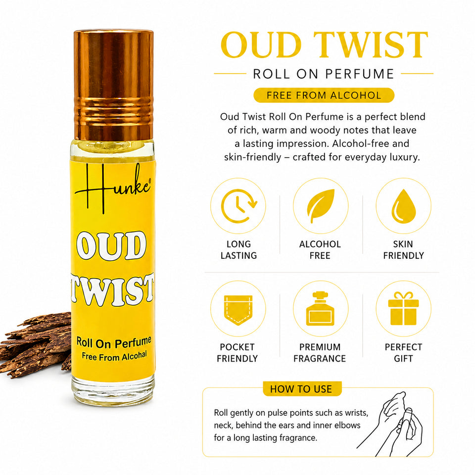 HUNKE Premium Perfume Roll on High Concentration | Attar Ittar Roll on| No Alcohol | Long Lasting Travel Size 8 ML Roll-On, High Projection Fragrance - OUD TWIST