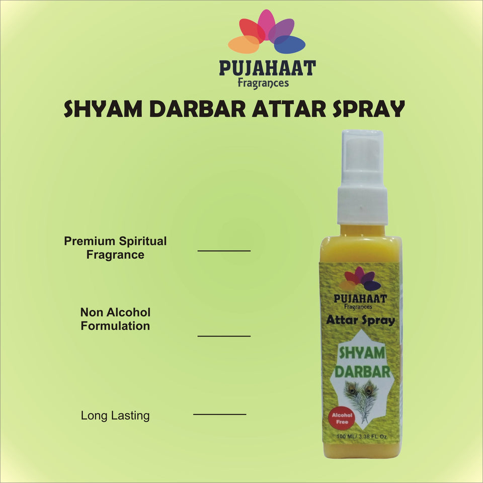 Shyam Darbar Attar Spray by Pujahaat | 100ml Non Alcoholic Spray | Religious Mist | Air Freshener, Room Mist, Fabric & Linen Spray | Perfect for Prayers Rooms, Living Room, sofas, curtains, car