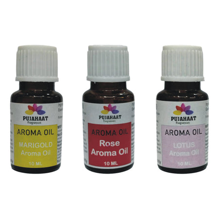 Pujahaat Lotus, Rose and Marigold Aroma Oil for Aromatherapy oils, Oil for diffusers, Humidifier oils, Oil Burners, Spa and Air Purifier 10ml Each - Set of 3 (3 x 10 ml) AO9