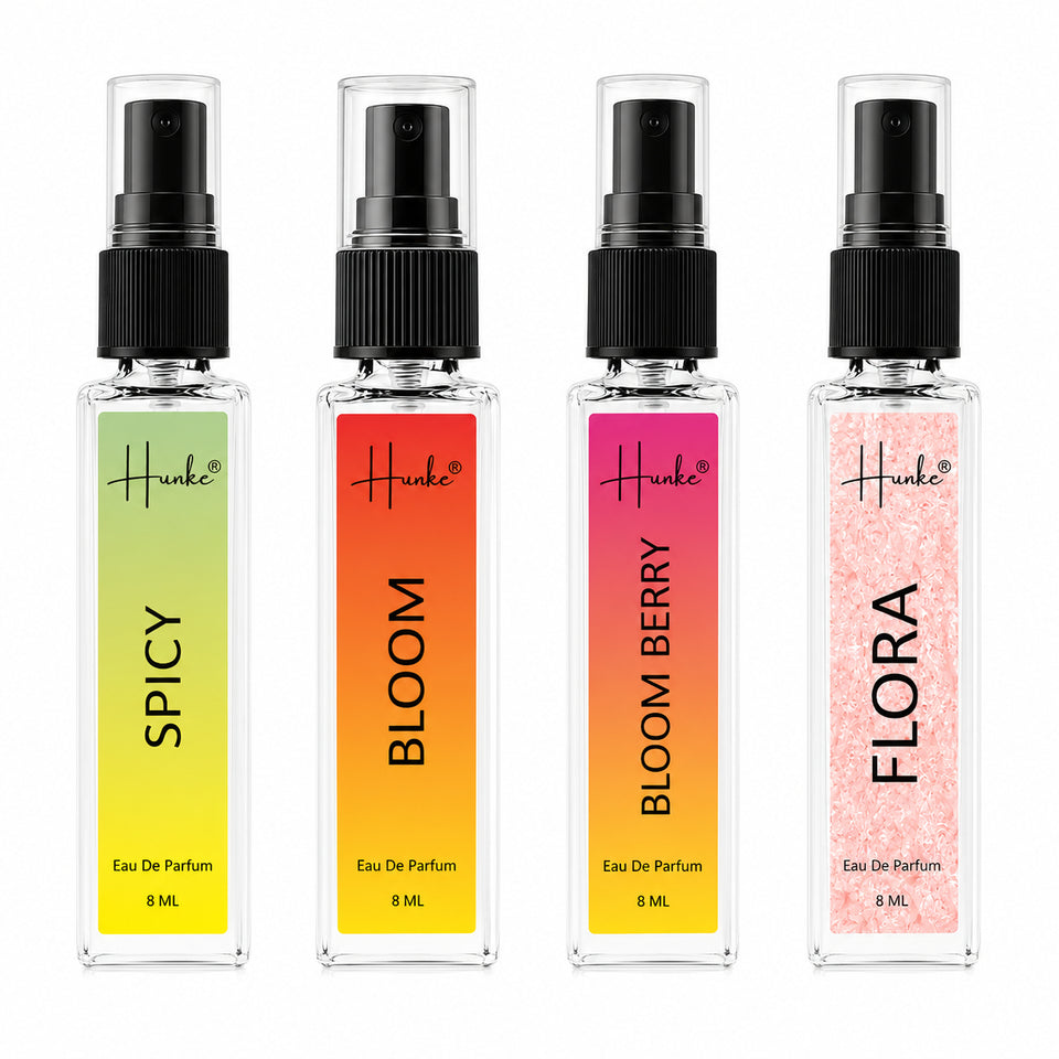 HUNKE EDP Inspired Perfume Set for Men & Women | Set of 4 Premium Long Lasting Fragrances | 8 ml Each | Travel Size Mini Perfume Gift Set | Eau de Parfum Collection - Spicy, Bloom Berry, Bloom, Flora