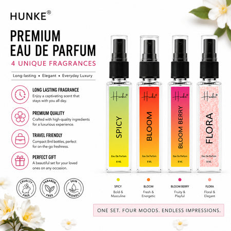 HUNKE EDP Inspired Perfume Set for Men & Women | Set of 4 Premium Long Lasting Fragrances | 8 ml Each | Travel Size Mini Perfume Gift Set | Eau de Parfum Collection - Spicy, Bloom Berry, Bloom, Flora