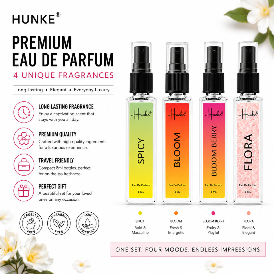 HUNKE EDP Inspired Perfume Set for Men & Women | Set of 4 Premium Long Lasting Fragrances | 8 ml Each | Travel Size Mini Perfume Gift Set | Eau de Parfum Collection - Spicy, Bloom Berry, Bloom, Flora