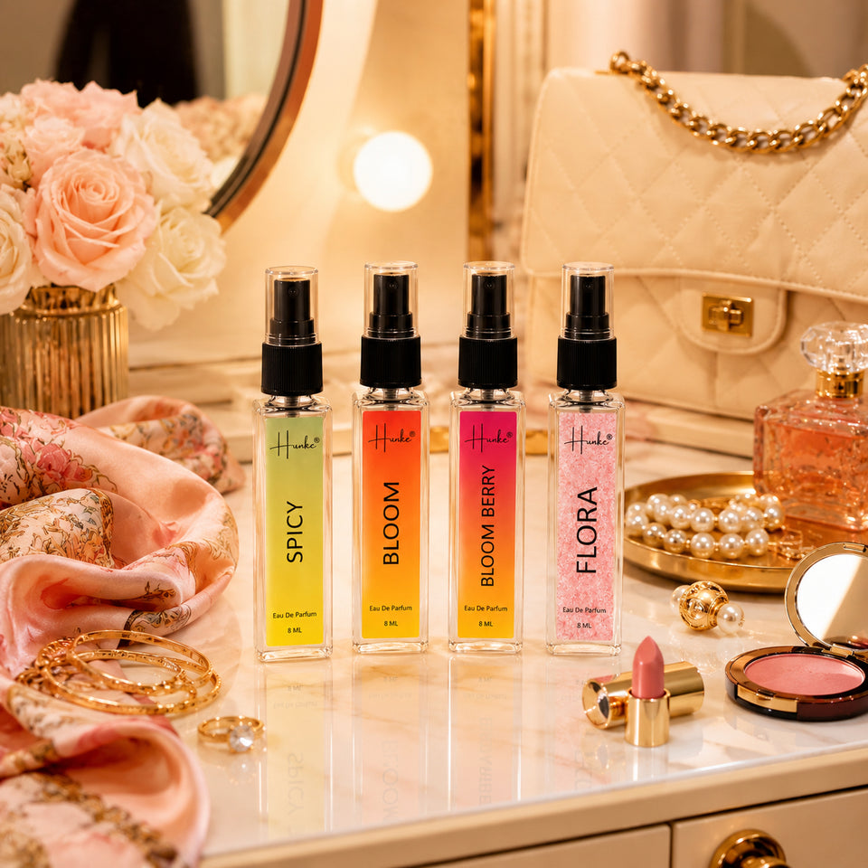HUNKE EDP Inspired Perfume Set for Men & Women | Set of 4 Premium Long Lasting Fragrances | 8 ml Each | Travel Size Mini Perfume Gift Set | Eau de Parfum Collection - Spicy, Bloom Berry, Bloom, Flora