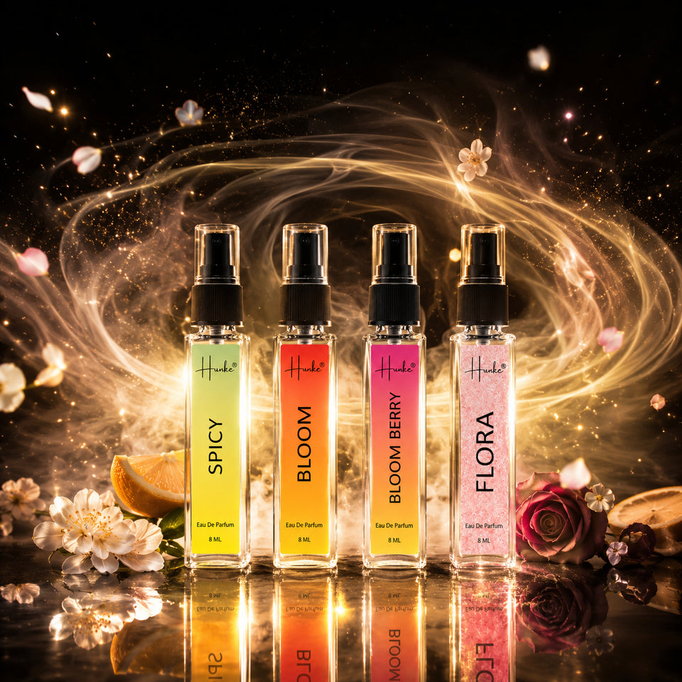 HUNKE EDP Inspired Perfume Set for Men & Women | Set of 4 Premium Long Lasting Fragrances | 8 ml Each | Travel Size Mini Perfume Gift Set | Eau de Parfum Collection - Spicy, Bloom Berry, Bloom, Flora