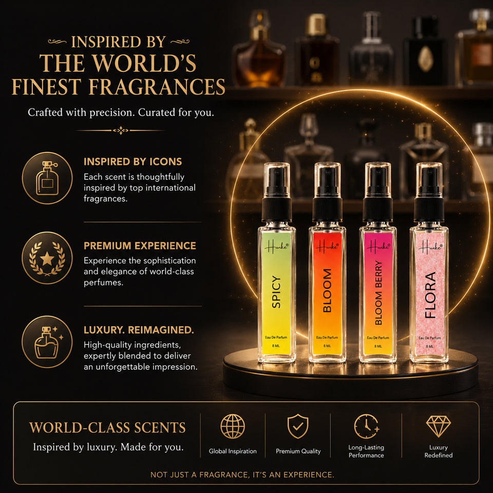 HUNKE EDP Inspired Perfume Set for Men & Women | Set of 4 Premium Long Lasting Fragrances | 8 ml Each | Travel Size Mini Perfume Gift Set | Eau de Parfum Collection - Spicy, Bloom Berry, Bloom, Flora