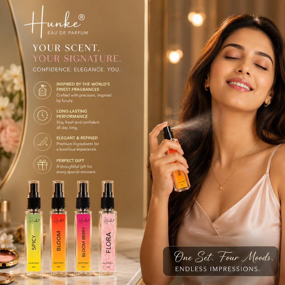 HUNKE EDP Inspired Perfume Set for Men & Women | Set of 4 Premium Long Lasting Fragrances | 8 ml Each | Travel Size Mini Perfume Gift Set | Eau de Parfum Collection - Spicy, Bloom Berry, Bloom, Flora