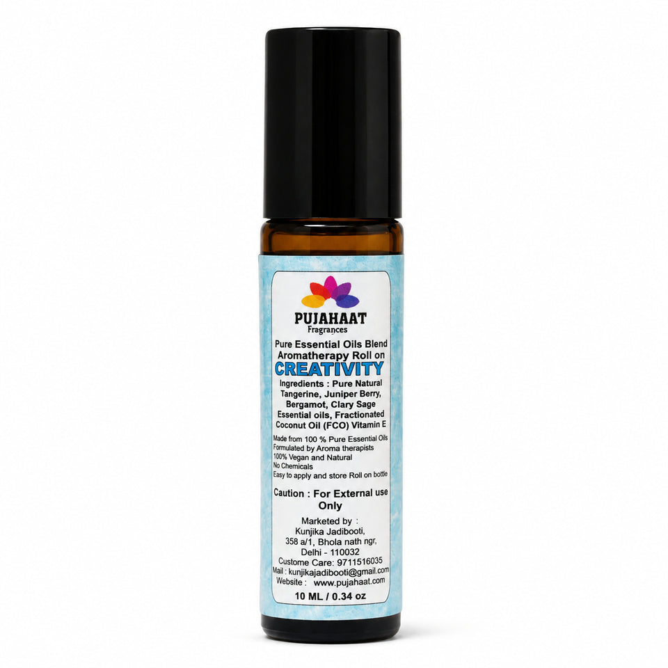 Pujahaat Creativity Aromatherapy Roll-on | Blend of pure & natural Essential Oils | Helps in focusing on reducing over thinking and creative blocks | Crafted by Certified Aromatherapists 10ml/0.33 fl oz - Creativity Roll-on