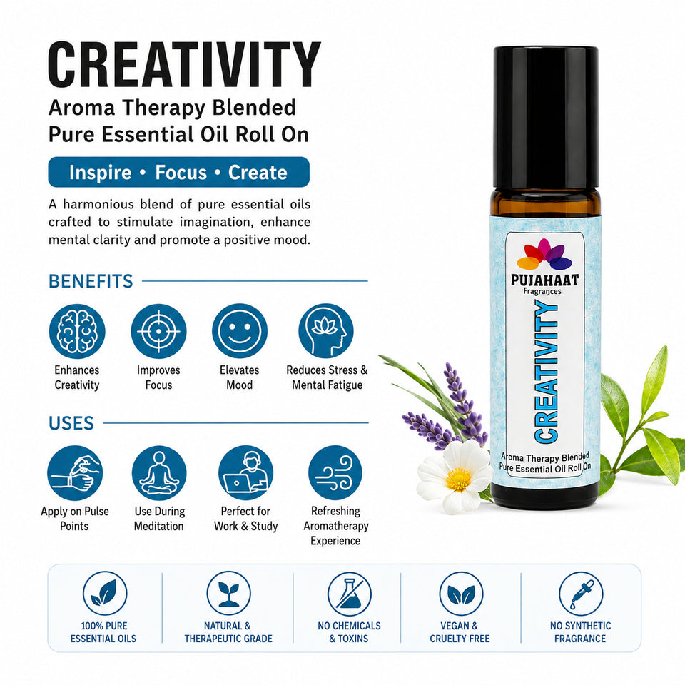 Pujahaat Creativity Aromatherapy Roll-on | Blend of pure & natural Essential Oils | Helps in focusing on reducing over thinking and creative blocks | Crafted by Certified Aromatherapists 10ml/0.33 fl oz - Creativity Roll-on