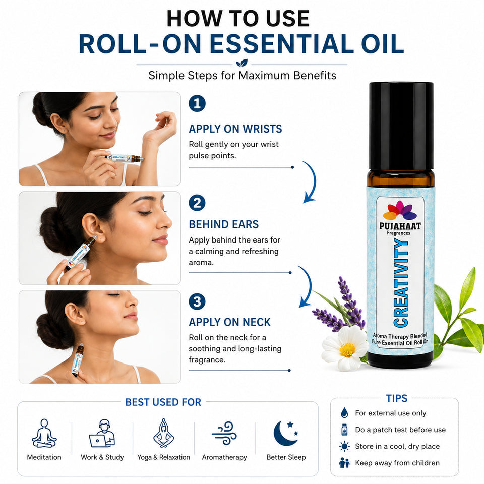 Pujahaat Creativity Aromatherapy Roll-on | Blend of pure & natural Essential Oils | Helps in focusing on reducing over thinking and creative blocks | Crafted by Certified Aromatherapists 10ml/0.33 fl oz - Creativity Roll-on