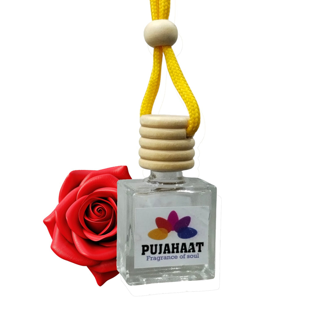 Car Perfume Hanging Pod 10ml Rose Premium Fragrance by Pujahaat | High Diffusion with Premium Fragrance Oils in Glass Bottle with Wooden Diffuser Lid | Long Lasting | Lasts Up to 45 Days - Rose