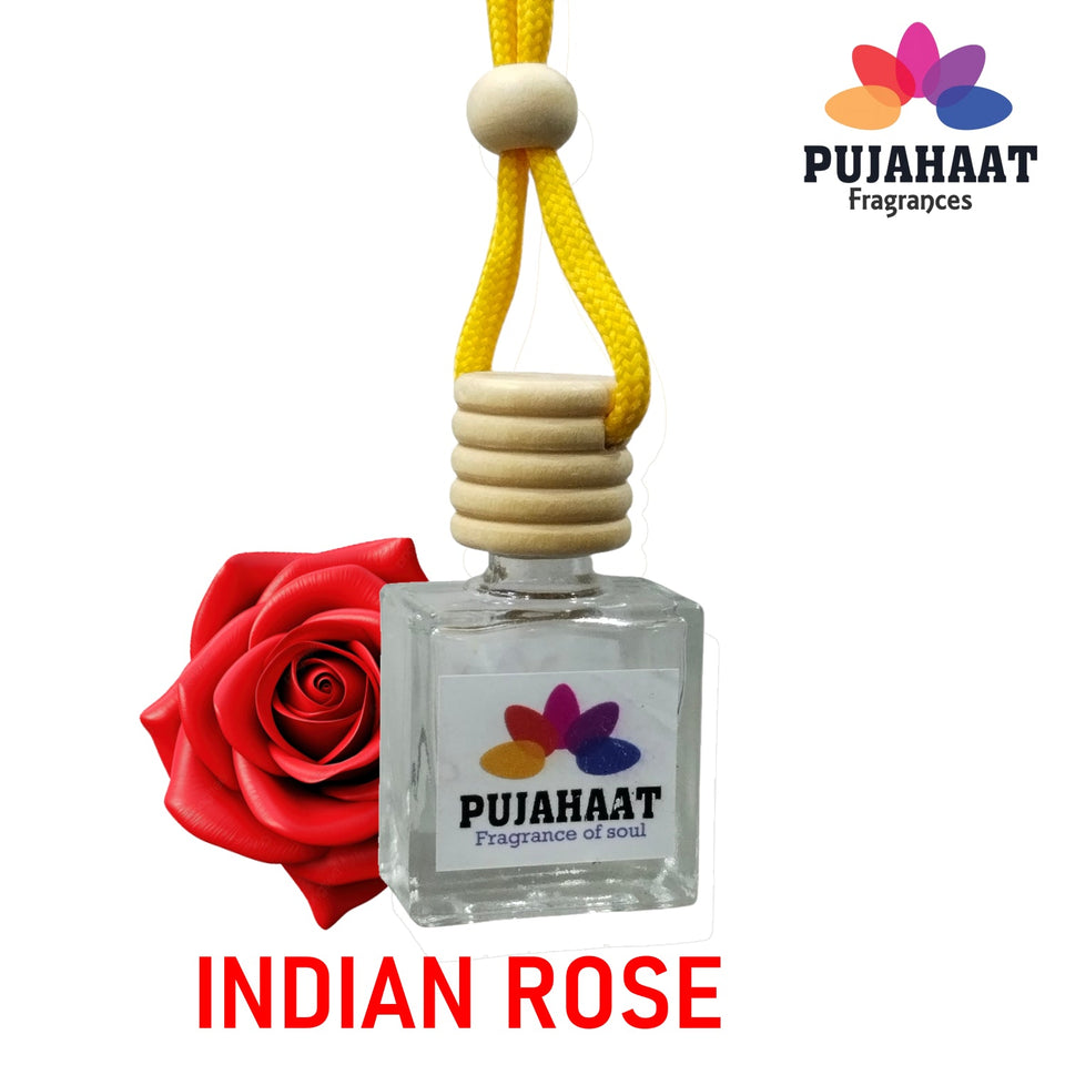 Car Perfume Hanging Pod 10ml Rose Premium Fragrance by Pujahaat | High Diffusion with Premium Fragrance Oils in Glass Bottle with Wooden Diffuser Lid | Long Lasting | Lasts Up to 45 Days - Rose