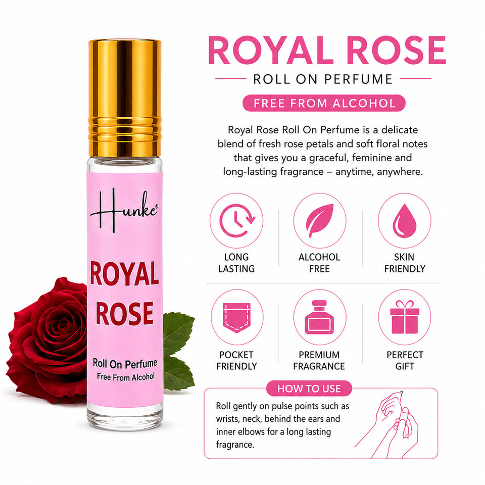 HUNKE Premium Perfume Roll High Concentration | Attar Ittar Roll on| No Alcohol | Long Lasting Travel Size 8 ML Roll-On - Royal Rose