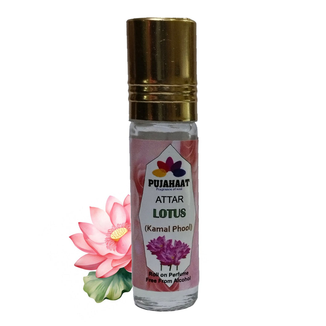 Pujahaat Premium Alcohol-Free Lotus Attar | Ittar 6 ml, Fresh Floral Scent, Long-Lasting Travel Size Roll-On, Best Lotus Attar Fragrance Oil