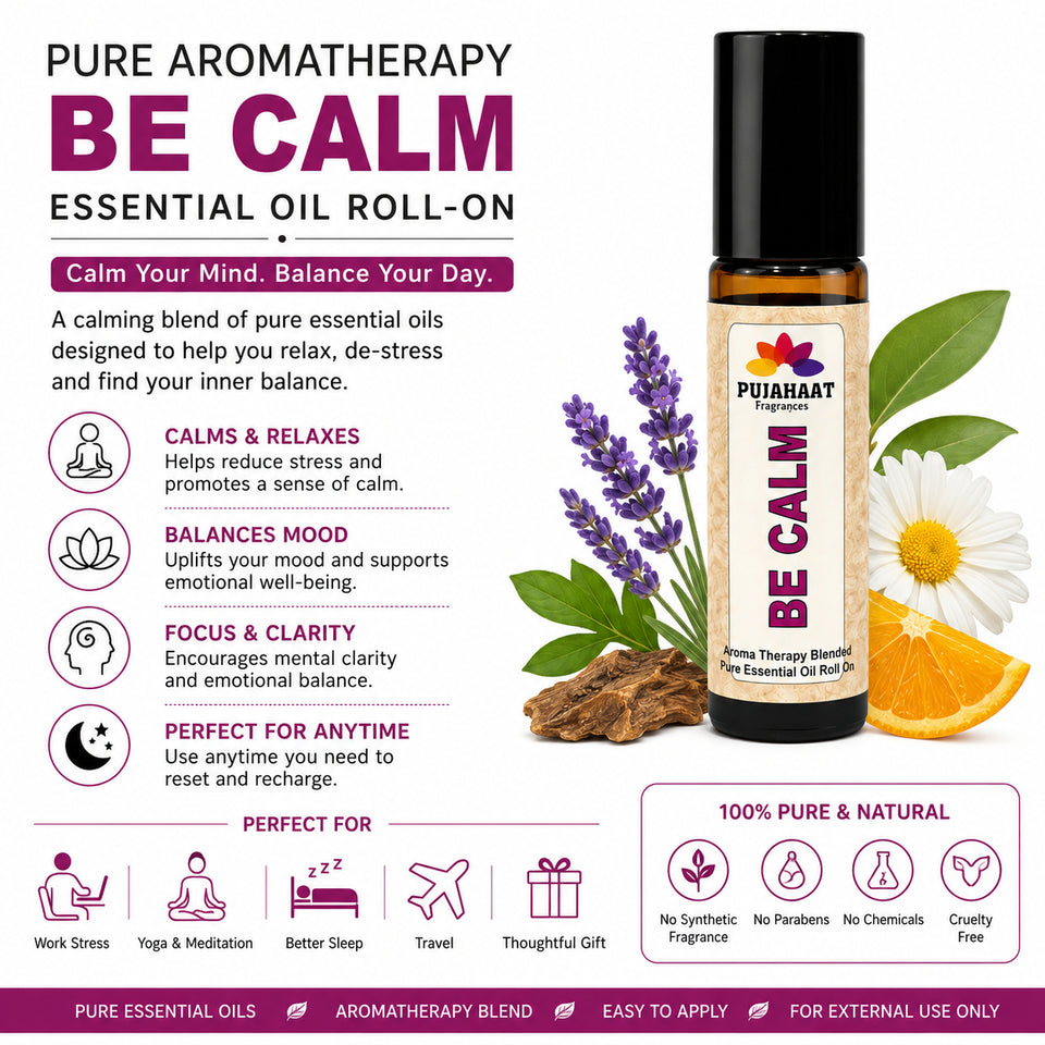 Pujahaat Be Calm Aromatherapy Roll-on | Blend of pure & natural Essential Oils | Clarity | Calms Down Nerves | Crafted by Certified Aromatherapists 10ml/0.33 fl oz - Be Calm Roll-on