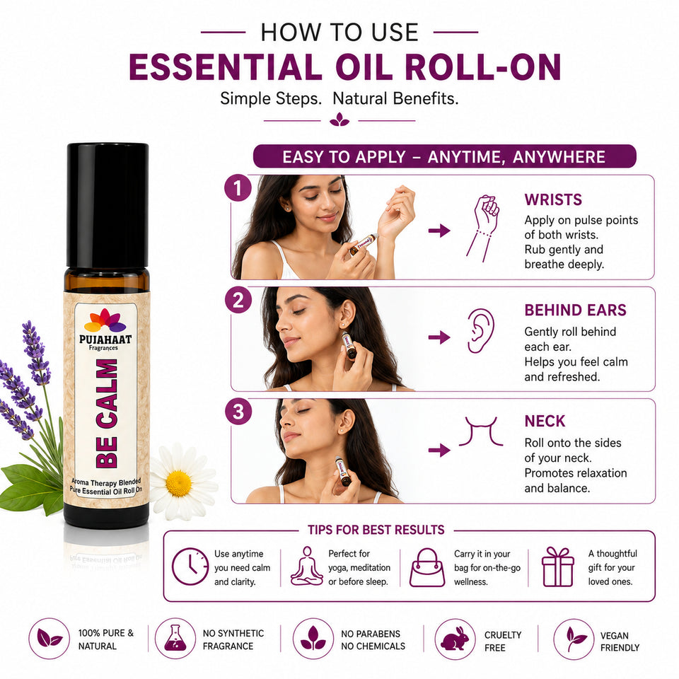 Pujahaat Be Calm Aromatherapy Roll-on | Blend of pure & natural Essential Oils | Clarity | Calms Down Nerves | Crafted by Certified Aromatherapists 10ml/0.33 fl oz - Be Calm Roll-on