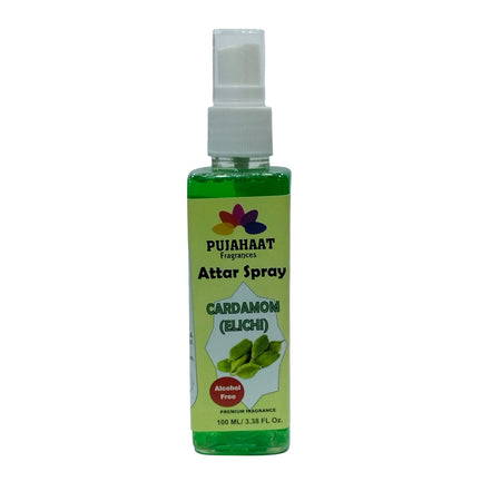 Cardamom (Hari Elaichi) Attar Spray by Pujahaat | 100ml Non Alcoholic Spray | Religious Mist | Air Freshener, Room Mist, Fabric & Linen Spray | Perfect for Prayers Rooms, Living Room, sofas, curtains, car