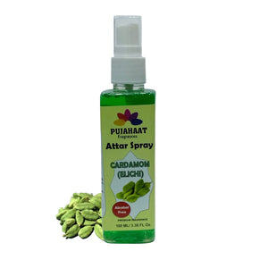 Cardamom (Hari Elaichi) Attar Spray by Pujahaat | 100ml Non Alcoholic Spray | Religious Mist | Air Freshener, Room Mist, Fabric & Linen Spray | Perfect for Prayers Rooms, Living Room, sofas, curtains, car