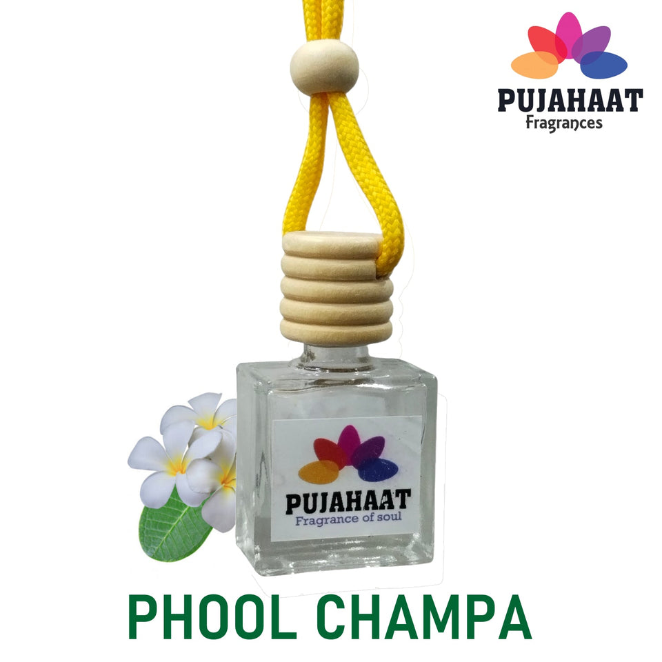 Car Perfume Hanging Pod 10ml Phool Champa Premium Fragrance by Pujahaat | High Diffusion with Premium Fragrance Oils with Wooden Diffuser Lid | Long Lasting | Lasts Up to 45 Days - Phool Champa