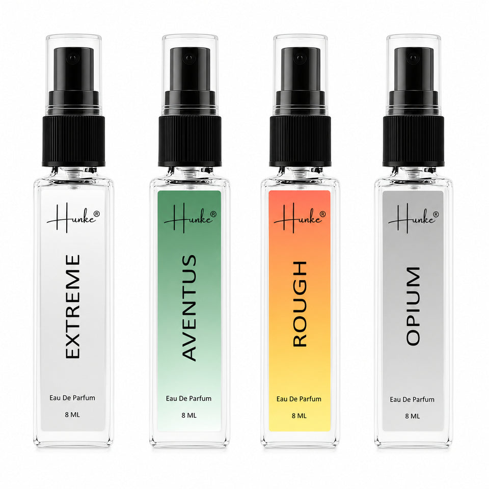 HUNKE EDP Inspired Perfume Set for Men & Women | Set of 4 Premium Long Lasting Fragrances | 8 ml Each | Travel Size Mini Perfume Gift Set | Eau de Parfum Collection - Extreme, Aventus, Opium, Rough